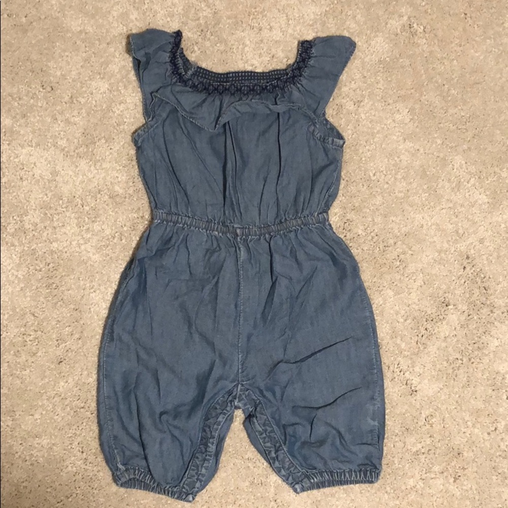 Chambray ruffle shoulders romper